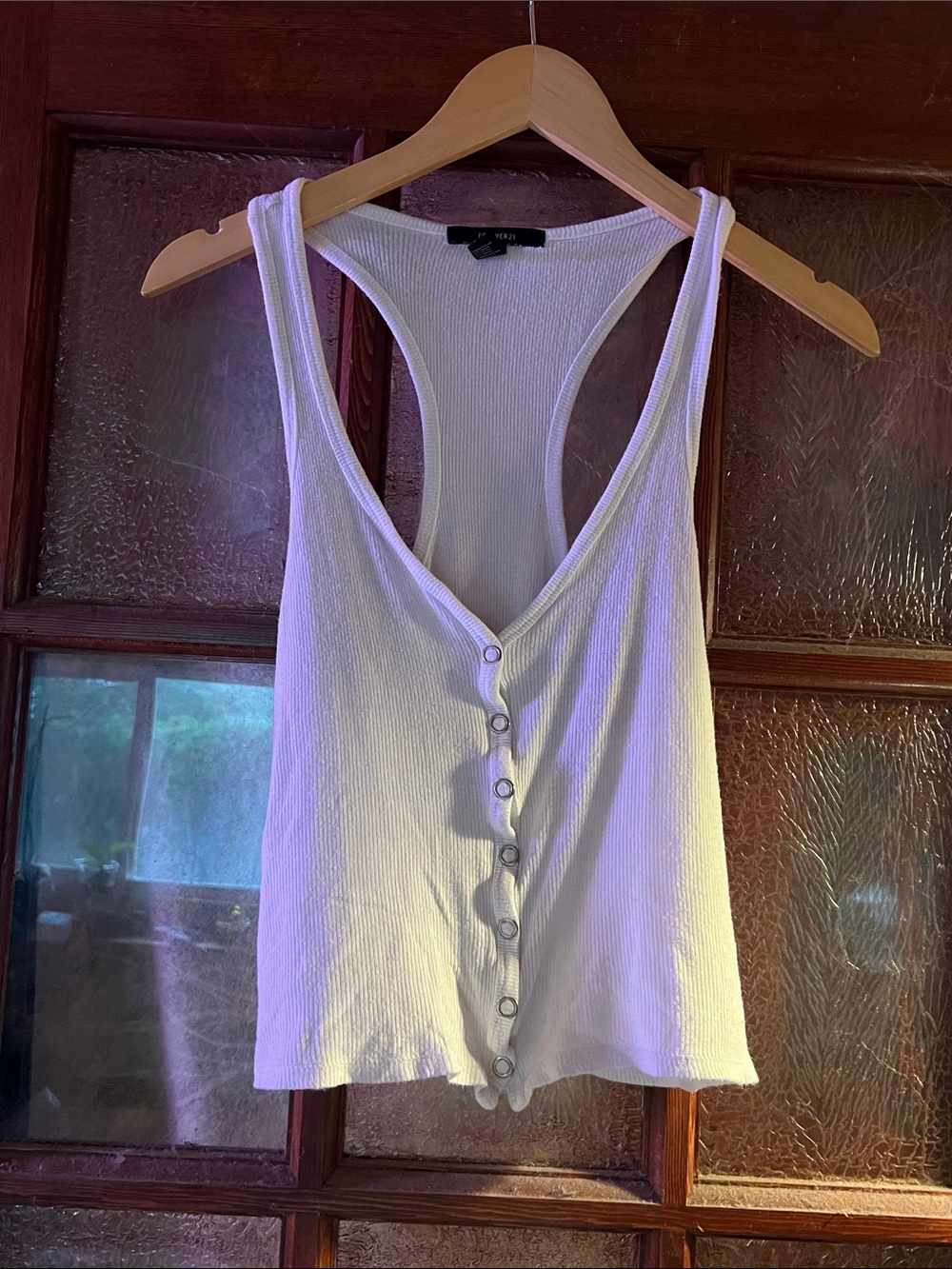 Forever 21 White Ribbed Racerback Button-Front Tank